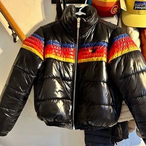 Aviator Nation 6 Stripe Luxe Apres Puffer Jacket Glossy Black
